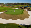 There is more than meets the eye to this stunning layout, the longest par 3 on the course. The elevated, hourglass-shaped green is almost completely surrounded by a massive, meandering ribbon bunker. Don’t try too much off the tee here as poor position ca