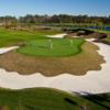 There is more than meets the eye to this stunning layout, the longest par 3 on the course. The elevated, hourglass-shaped green is almost completely surrounded by a massive, meandering ribbon bunker.