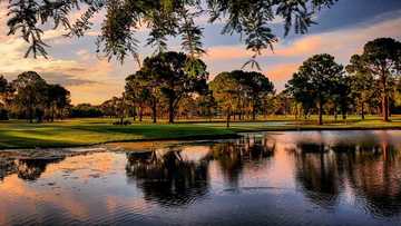 A sunset view of a tee at West Orange Country Club.