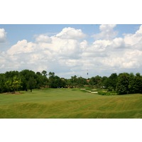 The par-4 14th hole is a sharp dogleg left at Grande Pines Golf Club.